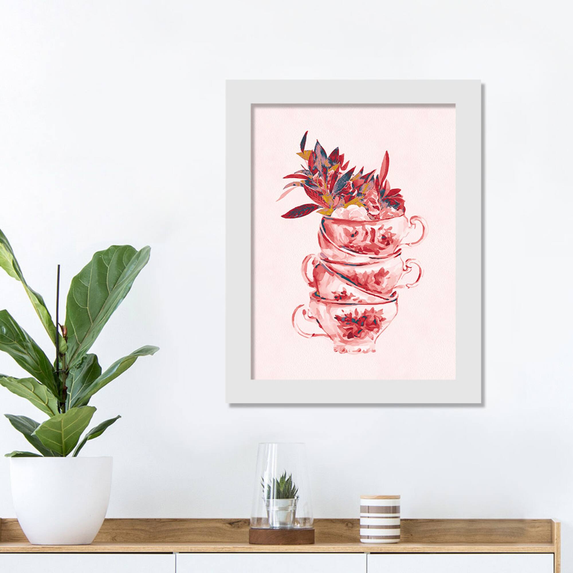 16" Floral Tea Cup Stack White Framed Print Under Plexiglass